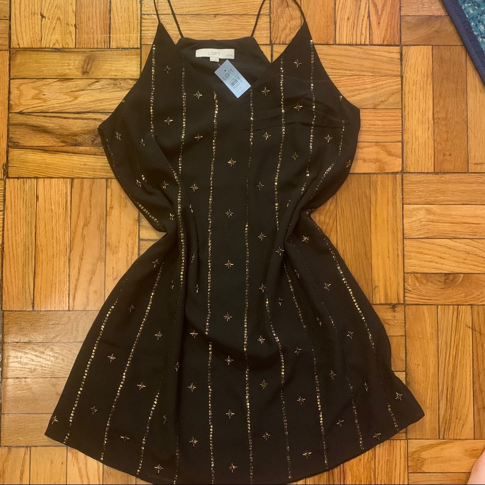 BLACK MINI DRESS WITH GOLD STAR BEADED EMBROIDERY